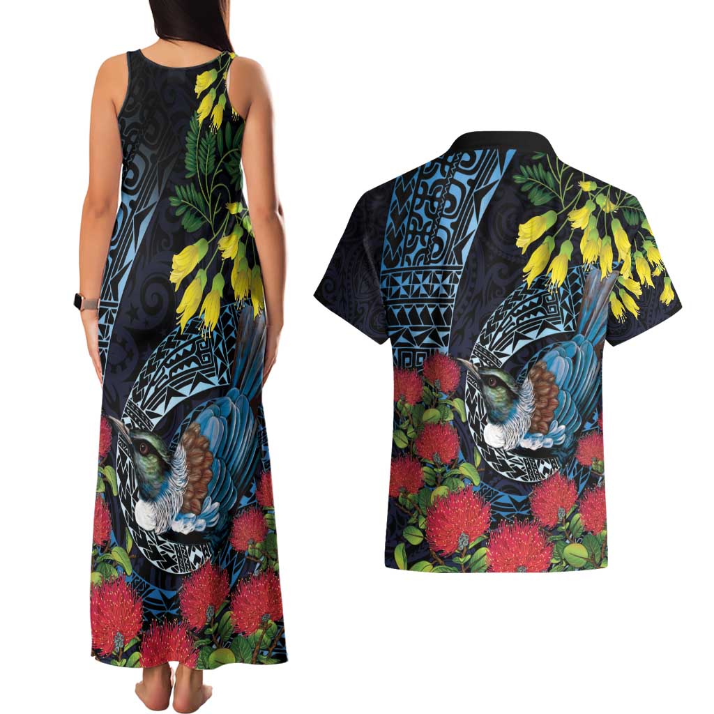 New Zealand Tui Bird Couples Matching Tank Maxi Dress and Hawaiian Shirt Maori Koru Mix Pohutukawa DT04 - Polynesian Pride