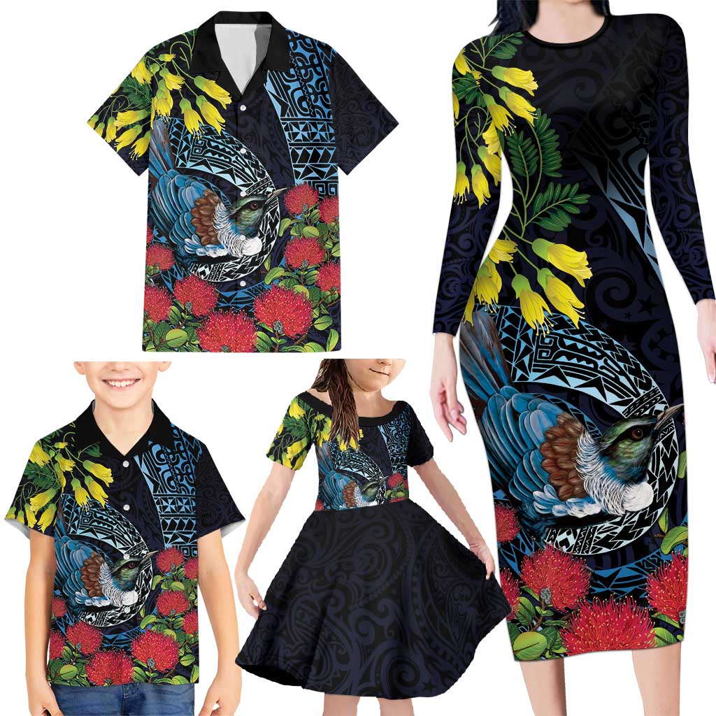 New Zealand Tui Bird Family Matching Long Sleeve Bodycon Dress and Hawaiian Shirt Maori Koru Mix Pohutukawa DT04 - Polynesian Pride