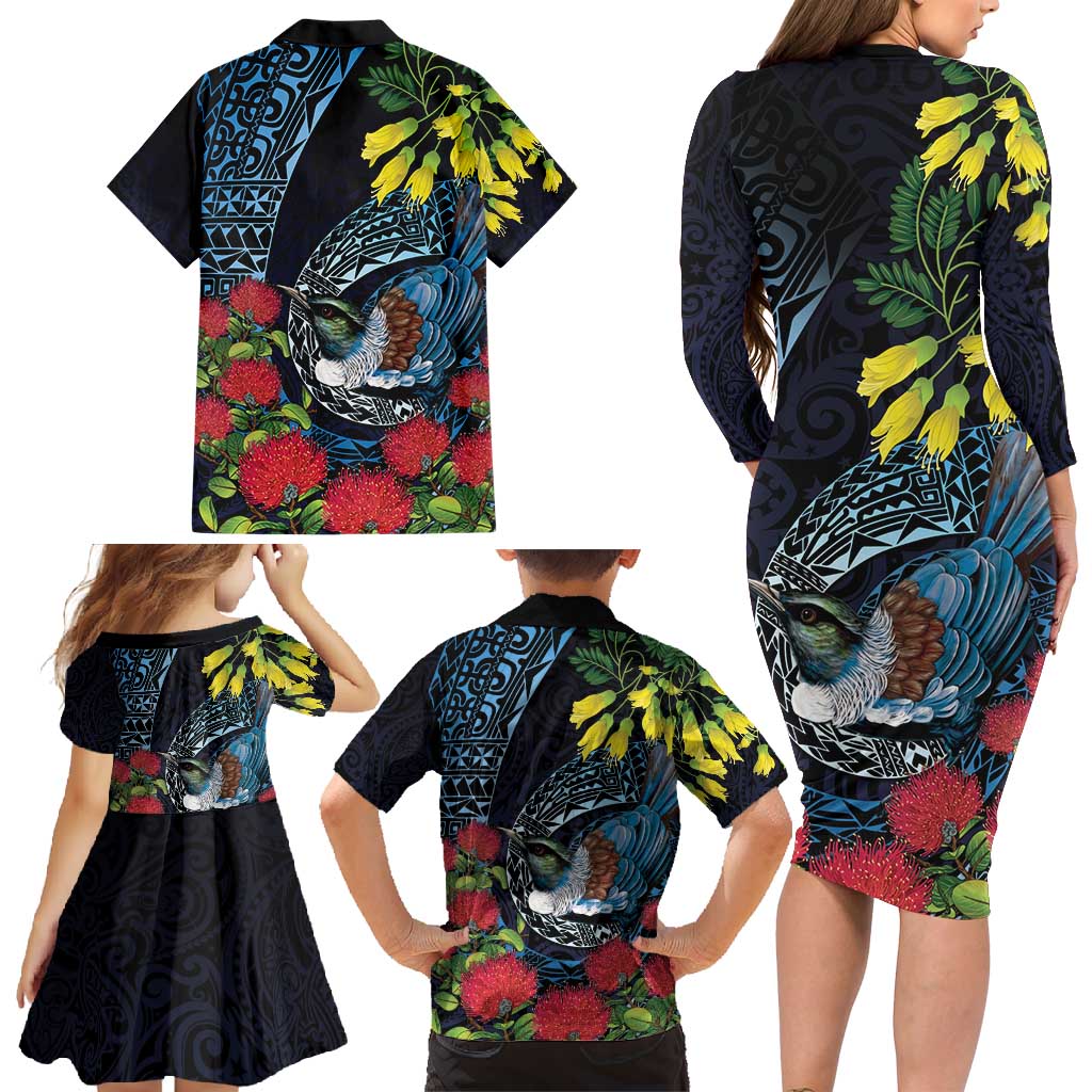 New Zealand Tui Bird Family Matching Long Sleeve Bodycon Dress and Hawaiian Shirt Maori Koru Mix Pohutukawa DT04 - Polynesian Pride