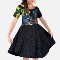 New Zealand Tui Bird Family Matching Mermaid Dress and Hawaiian Shirt Maori Koru Mix Pohutukawa DT04 Daughter's Dress Black - Polynesian Pride