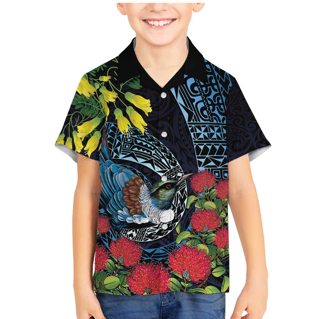New Zealand Tui Bird Family Matching Mermaid Dress and Hawaiian Shirt Maori Koru Mix Pohutukawa DT04 Son's Shirt Black - Polynesian Pride