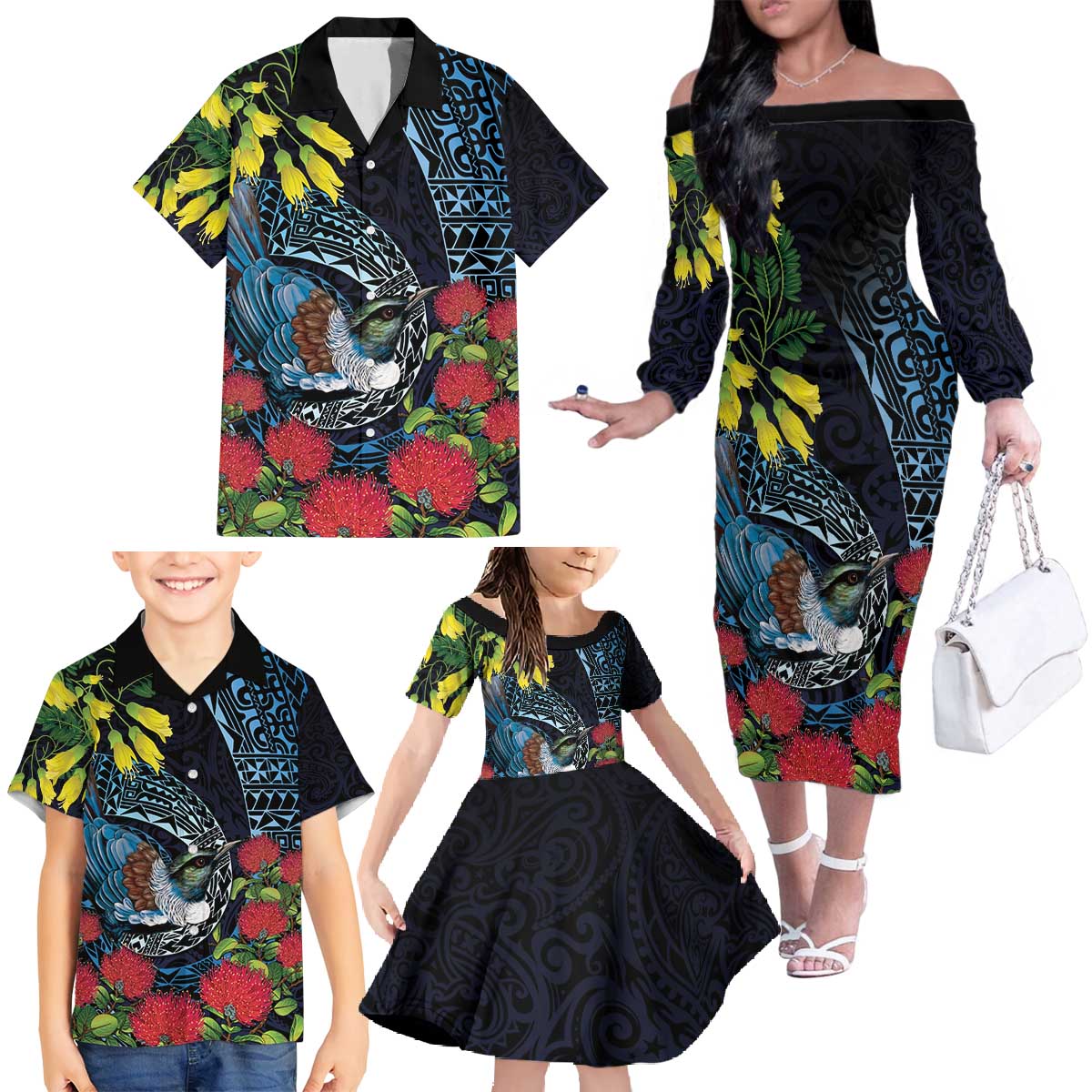 New Zealand Tui Bird Family Matching Off The Shoulder Long Sleeve Dress and Hawaiian Shirt Maori Koru Mix Pohutukawa DT04 - Polynesian Pride