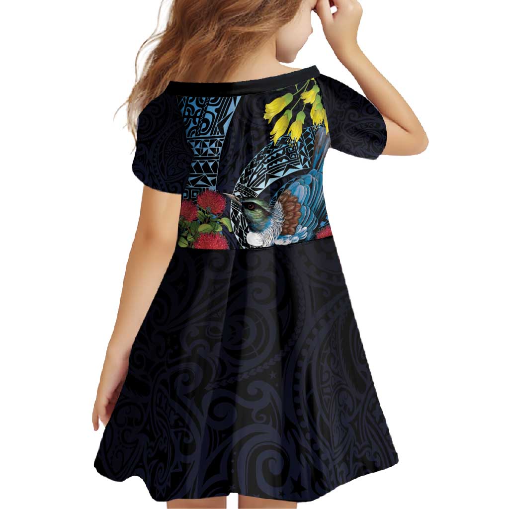 New Zealand Tui Bird Family Matching Off Shoulder Maxi Dress and Hawaiian Shirt Maori Koru Mix Pohutukawa DT04 - Polynesian Pride