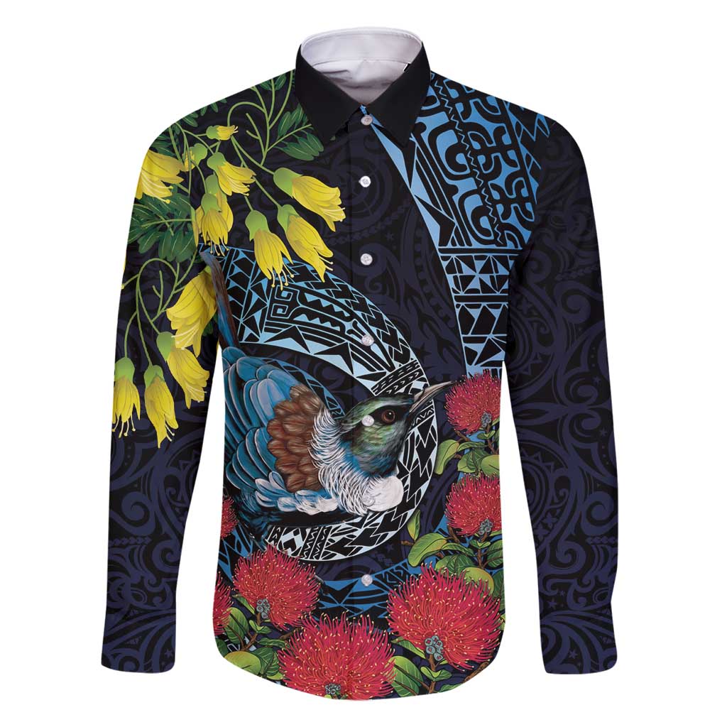New Zealand Tui Bird Family Matching Off Shoulder Maxi Dress and Hawaiian Shirt Maori Koru Mix Pohutukawa DT04 Dad's Shirt - Long Sleeve Black - Polynesian Pride