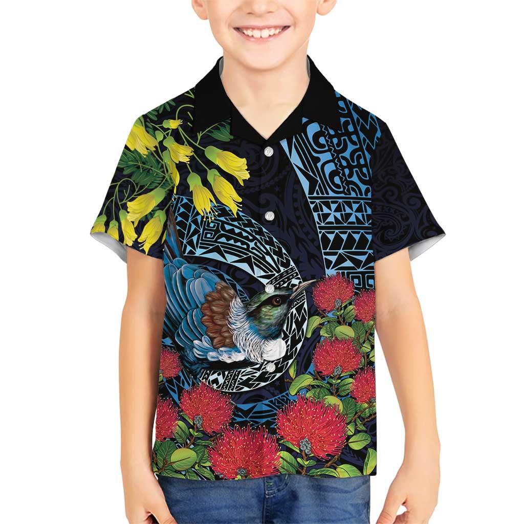 New Zealand Tui Bird Family Matching Off Shoulder Maxi Dress and Hawaiian Shirt Maori Koru Mix Pohutukawa DT04 Son's Shirt Black - Polynesian Pride