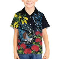 New Zealand Tui Bird Family Matching Off Shoulder Short Dress and Hawaiian Shirt Maori Koru Mix Pohutukawa DT04 Son's Shirt Black - Polynesian Pride