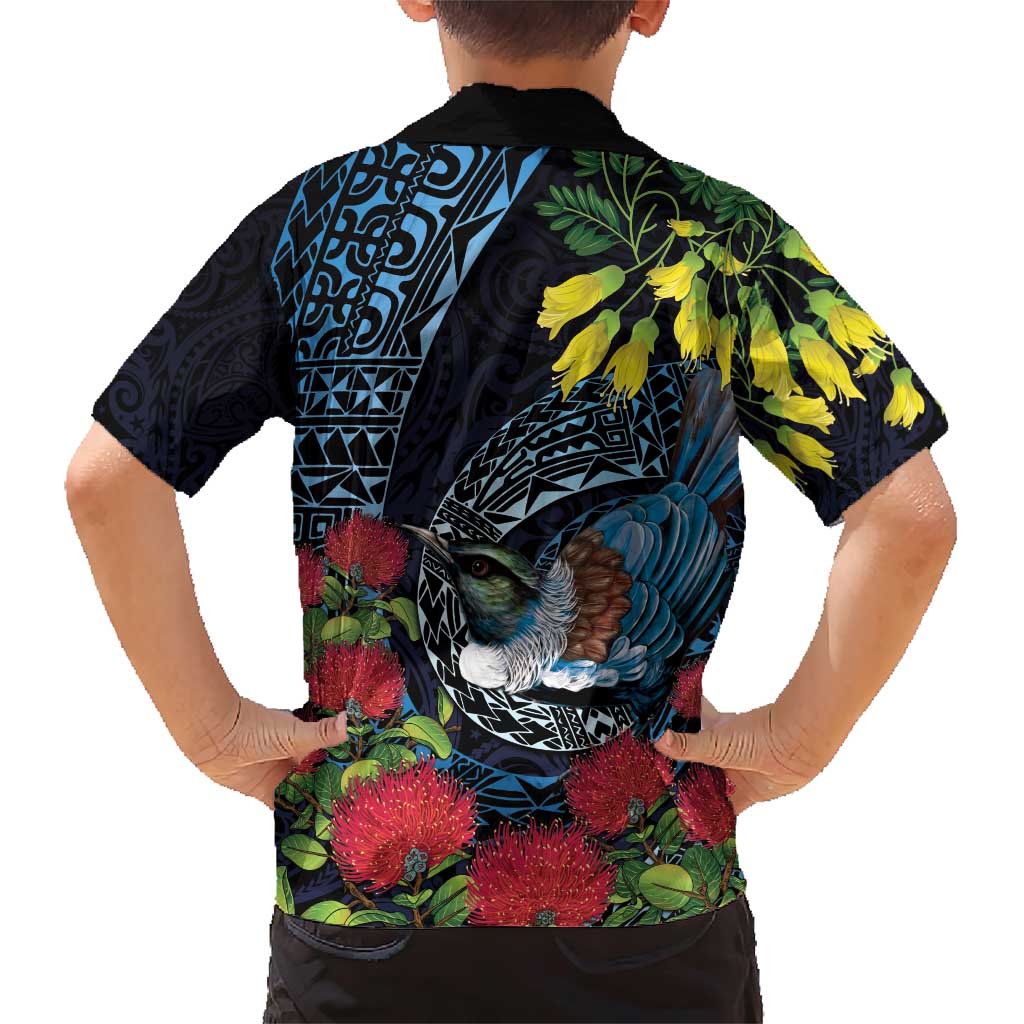New Zealand Tui Bird Family Matching Short Sleeve Bodycon Dress and Hawaiian Shirt Maori Koru Mix Pohutukawa DT04 - Polynesian Pride