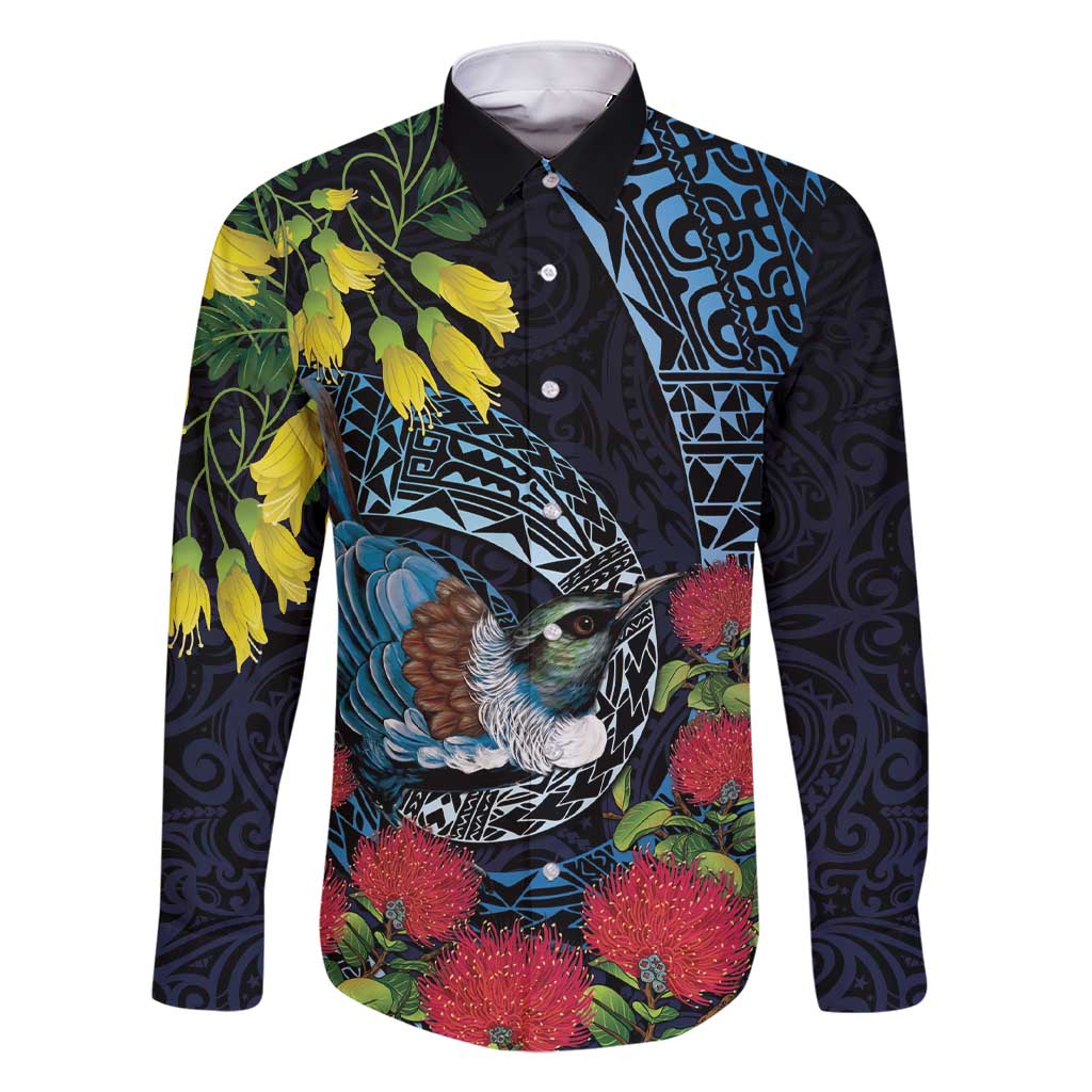 New Zealand Tui Bird Family Matching Short Sleeve Bodycon Dress and Hawaiian Shirt Maori Koru Mix Pohutukawa DT04 Dad's Shirt - Long Sleeve Black - Polynesian Pride