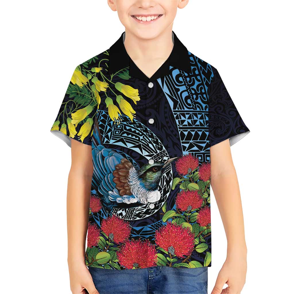 New Zealand Tui Bird Family Matching Short Sleeve Bodycon Dress and Hawaiian Shirt Maori Koru Mix Pohutukawa DT04 Son's Shirt Black - Polynesian Pride
