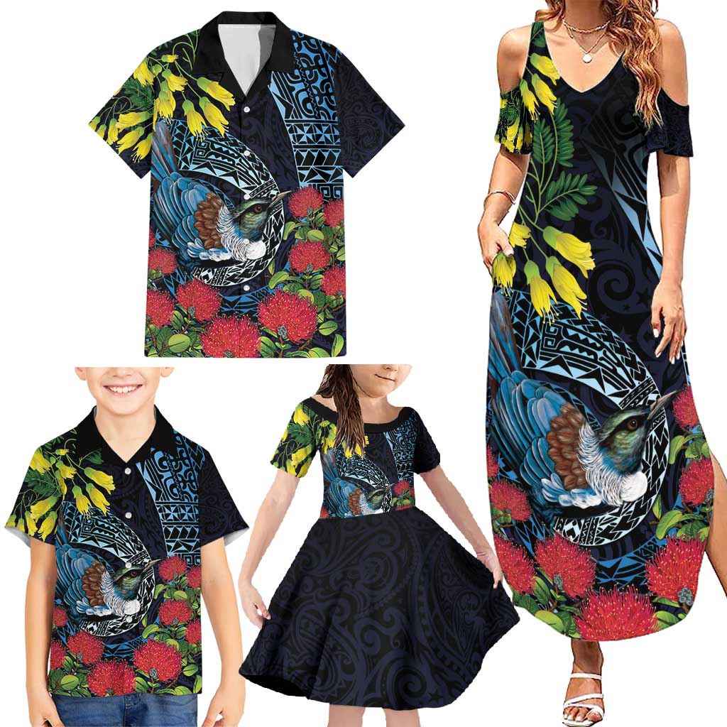 New Zealand Tui Bird Family Matching Summer Maxi Dress and Hawaiian Shirt Maori Koru Mix Pohutukawa DT04 - Polynesian Pride
