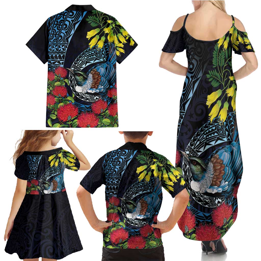 New Zealand Tui Bird Family Matching Summer Maxi Dress and Hawaiian Shirt Maori Koru Mix Pohutukawa DT04 - Polynesian Pride