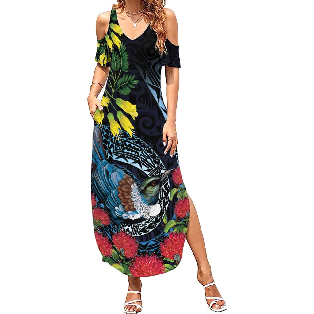 New Zealand Tui Bird Family Matching Summer Maxi Dress and Hawaiian Shirt Maori Koru Mix Pohutukawa DT04 Mom's Dress Black - Polynesian Pride