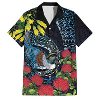 New Zealand Tui Bird Family Matching Tank Maxi Dress and Hawaiian Shirt Maori Koru Mix Pohutukawa DT04 Dad's Shirt - Short Sleeve Black - Polynesian Pride