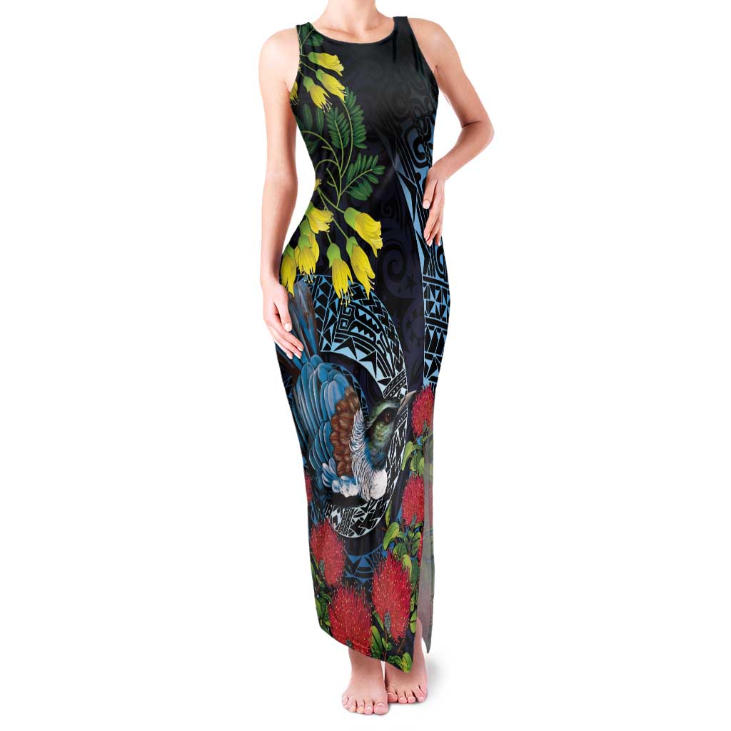 New Zealand Tui Bird Family Matching Tank Maxi Dress and Hawaiian Shirt Maori Koru Mix Pohutukawa DT04 Mom's Dress Black - Polynesian Pride