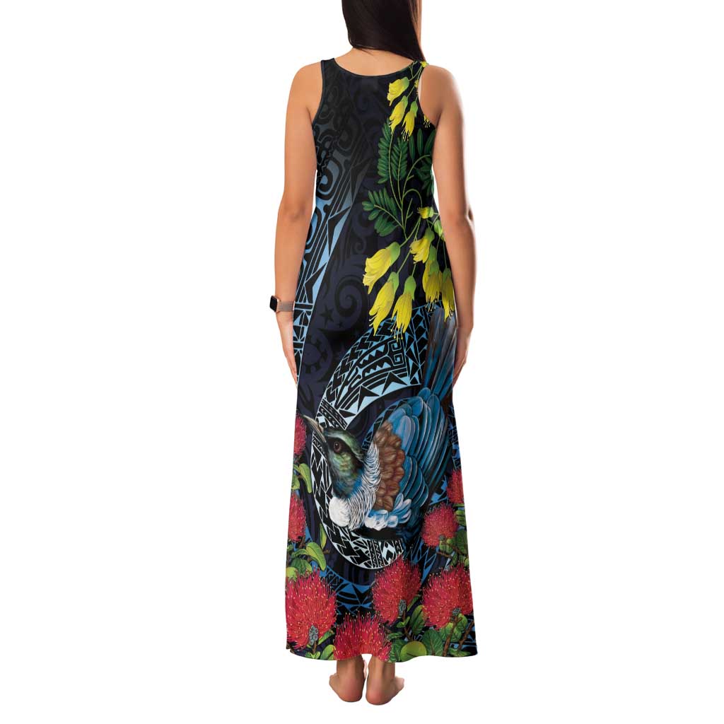 New Zealand Tui Bird Family Matching Tank Maxi Dress and Hawaiian Shirt Maori Koru Mix Pohutukawa DT04 - Polynesian Pride