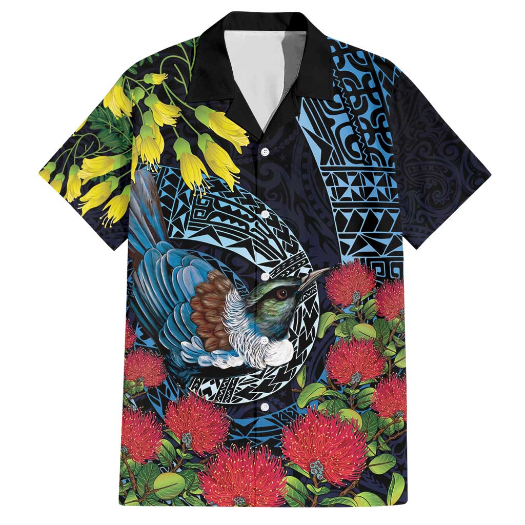 New Zealand Tui Bird Hawaiian Shirt Maori Koru Mix Pohutukawa DT04 Black - Polynesian Pride