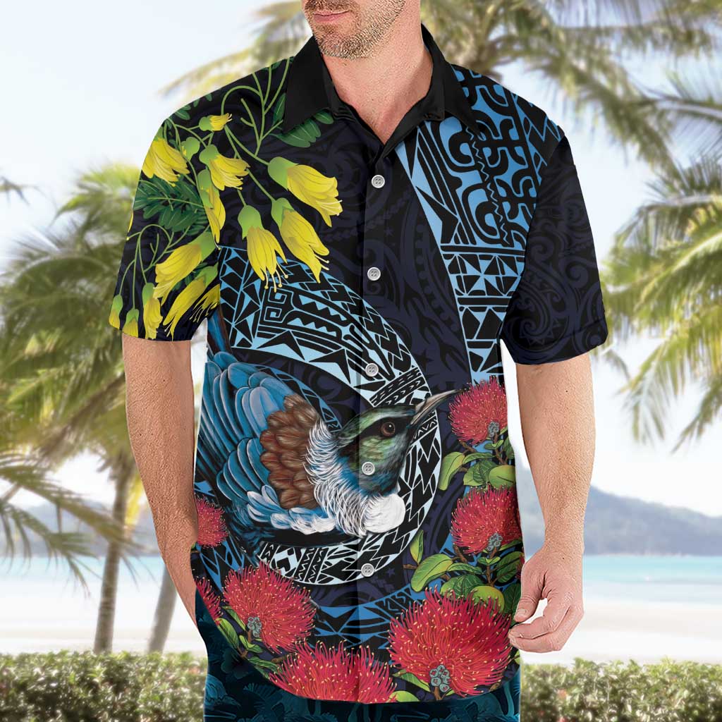 New Zealand Tui Bird Hawaiian Shirt Maori Koru Mix Pohutukawa DT04 - Polynesian Pride