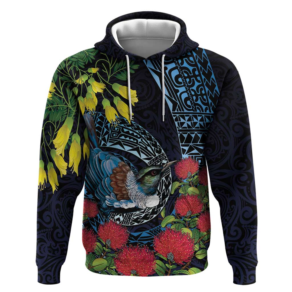 New Zealand Tui Bird Hoodie Maori Koru Mix Pohutukawa DT04 Pullover Hoodie Black - Polynesian Pride