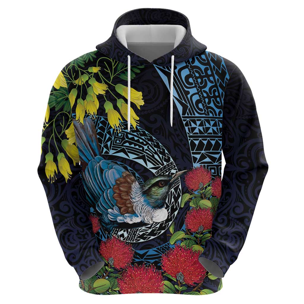 New Zealand Tui Bird Hoodie Maori Koru Mix Pohutukawa DT04 - Polynesian Pride