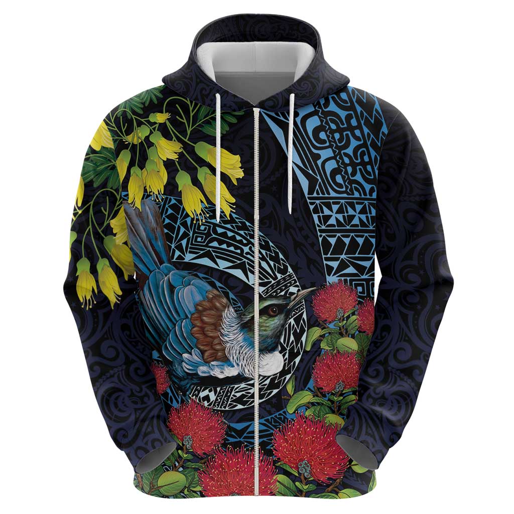 New Zealand Tui Bird Hoodie Maori Koru Mix Pohutukawa DT04 - Polynesian Pride