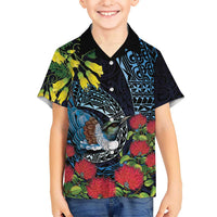 New Zealand Tui Bird Kid Hawaiian Shirt Maori Koru Mix Pohutukawa DT04 Kid Black - Polynesian Pride