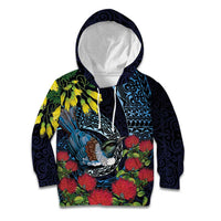 New Zealand Tui Bird Kid Hoodie Maori Koru Mix Pohutukawa DT04 Hoodie Black - Polynesian Pride