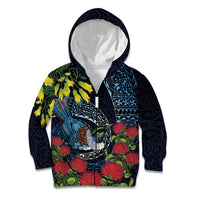 New Zealand Tui Bird Kid Hoodie Maori Koru Mix Pohutukawa DT04 Zip Hoodie Black - Polynesian Pride
