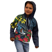 New Zealand Tui Bird Kid Hoodie Maori Koru Mix Pohutukawa DT04 - Polynesian Pride
