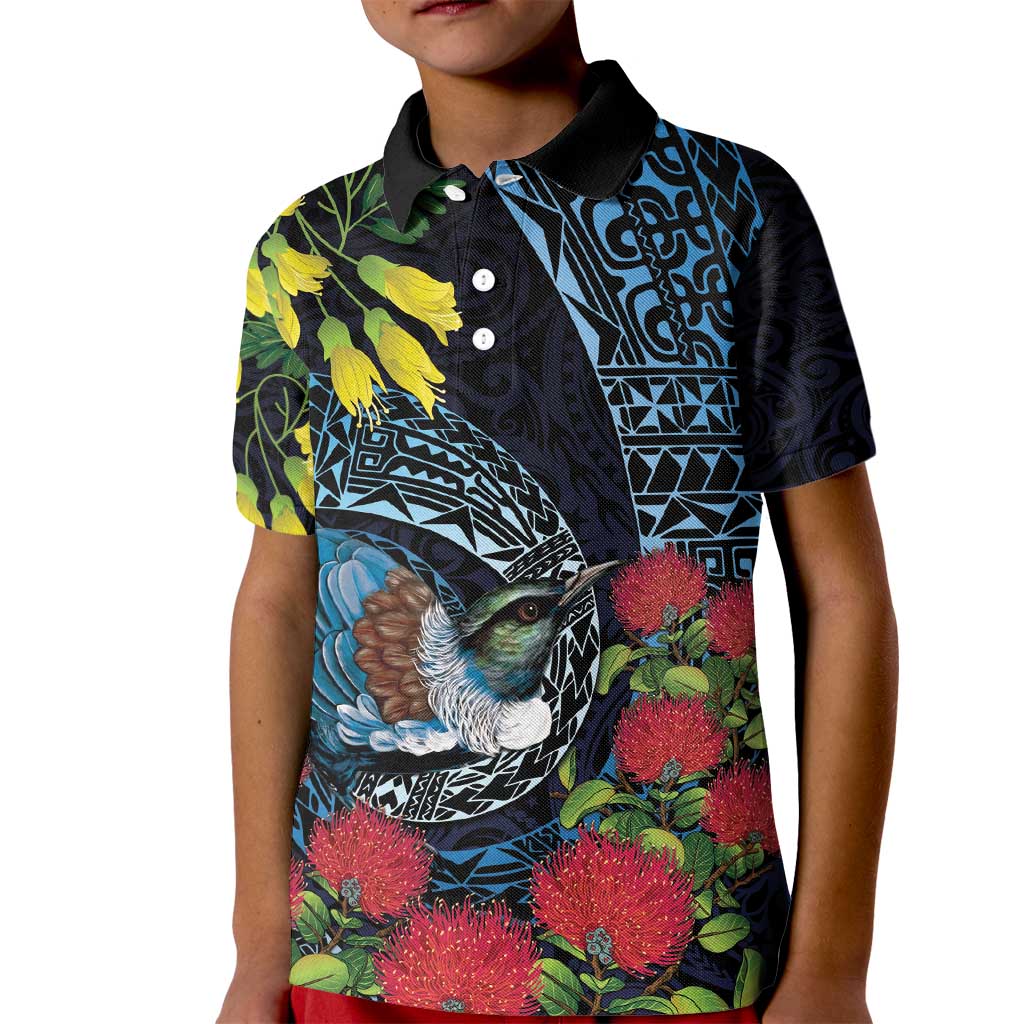 New Zealand Tui Bird Kid Polo Shirt Maori Koru Mix Pohutukawa DT04 Kid Black - Polynesian Pride