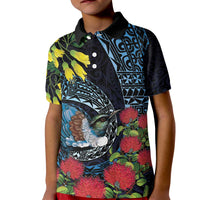 New Zealand Tui Bird Kid Polo Shirt Maori Koru Mix Pohutukawa DT04 Kid Black - Polynesian Pride