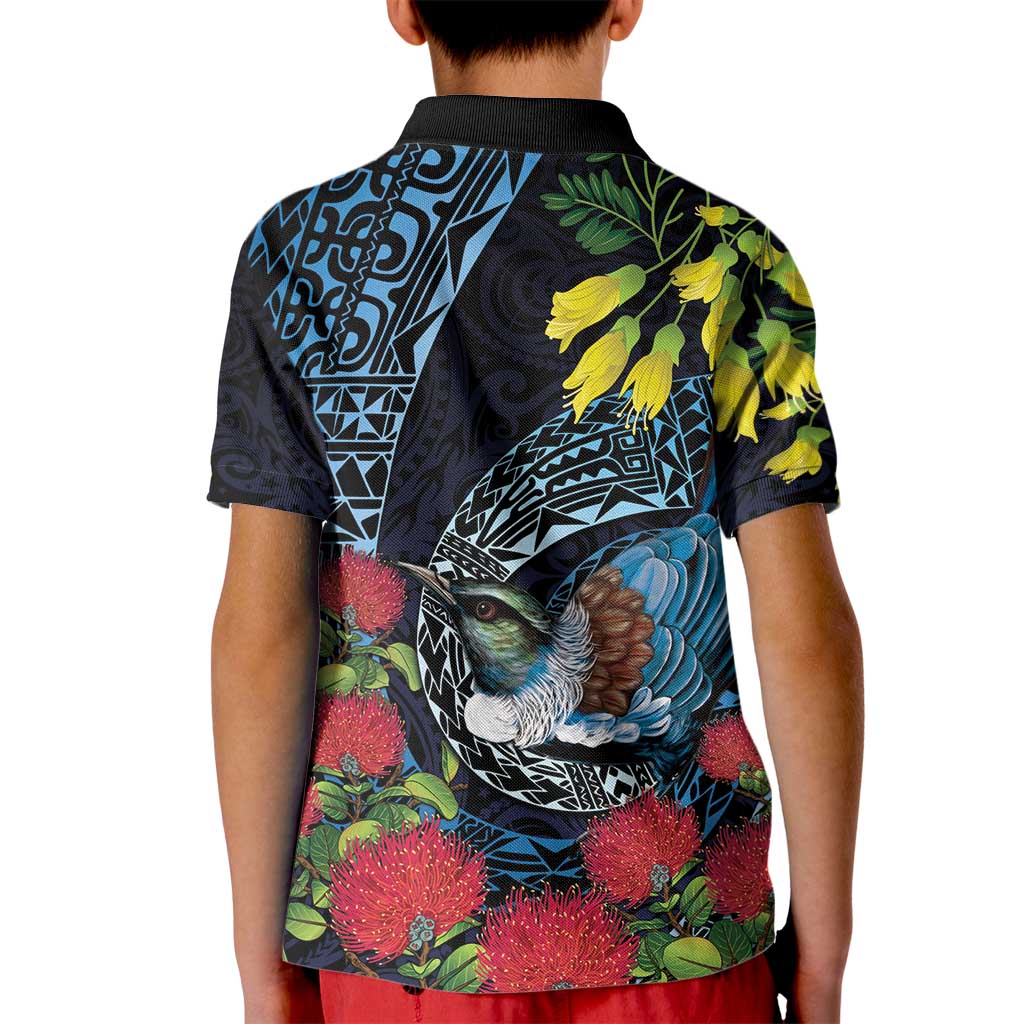 New Zealand Tui Bird Kid Polo Shirt Maori Koru Mix Pohutukawa DT04 - Polynesian Pride