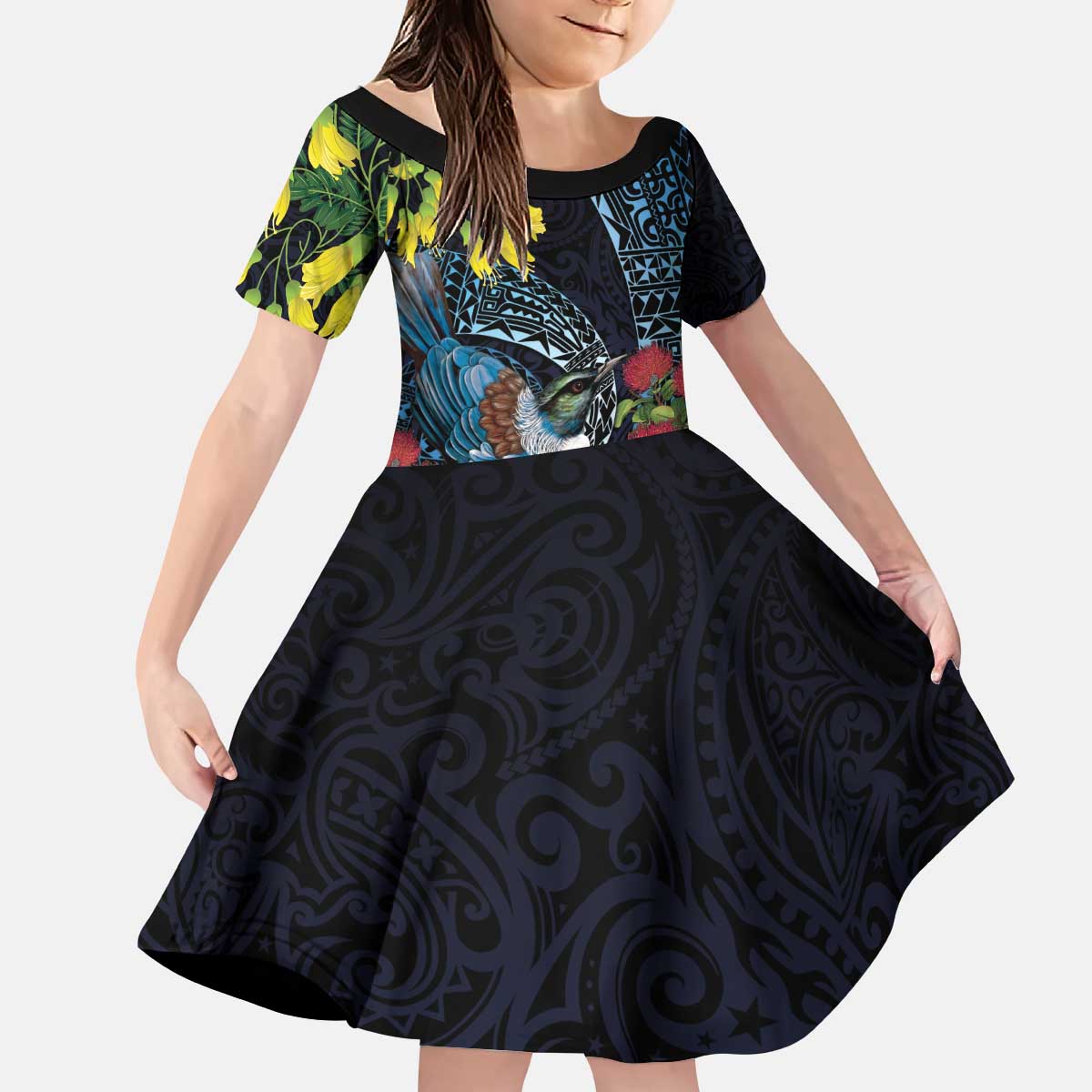 New Zealand Tui Bird Kid Short Sleeve Dress Maori Koru Mix Pohutukawa DT04 KID Black - Polynesian Pride