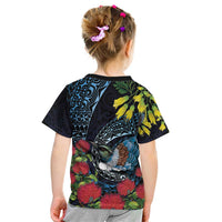 New Zealand Tui Bird Kid T Shirt Maori Koru Mix Pohutukawa DT04 - Polynesian Pride