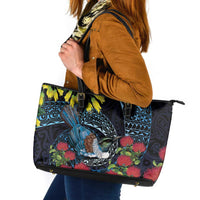 New Zealand Tui Bird Leather Tote Bag Maori Koru Mix Pohutukawa DT04 Black - Polynesian Pride