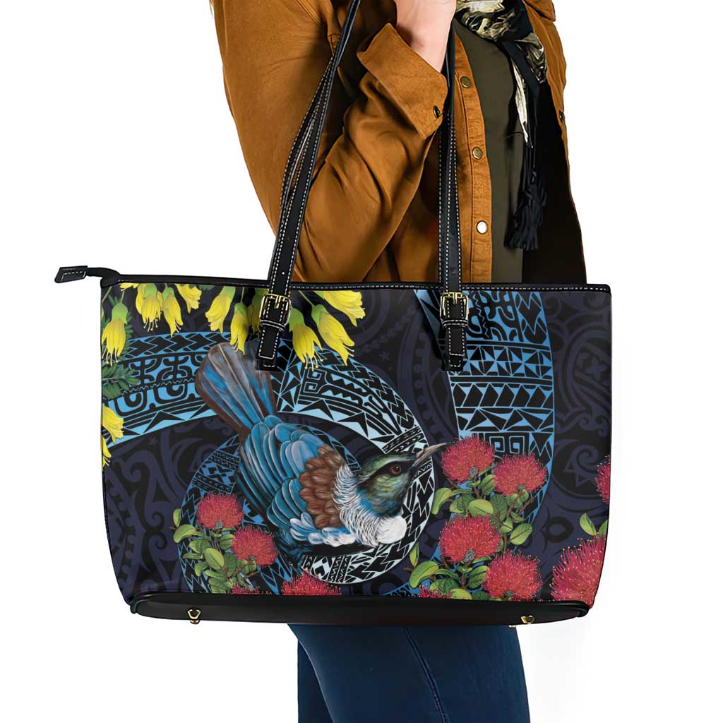 New Zealand Tui Bird Leather Tote Bag Maori Koru Mix Pohutukawa DT04 - Polynesian Pride