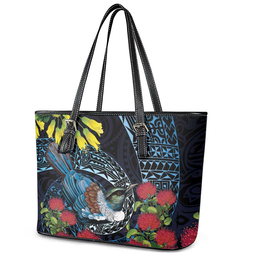 New Zealand Tui Bird Leather Tote Bag Maori Koru Mix Pohutukawa DT04 - Polynesian Pride