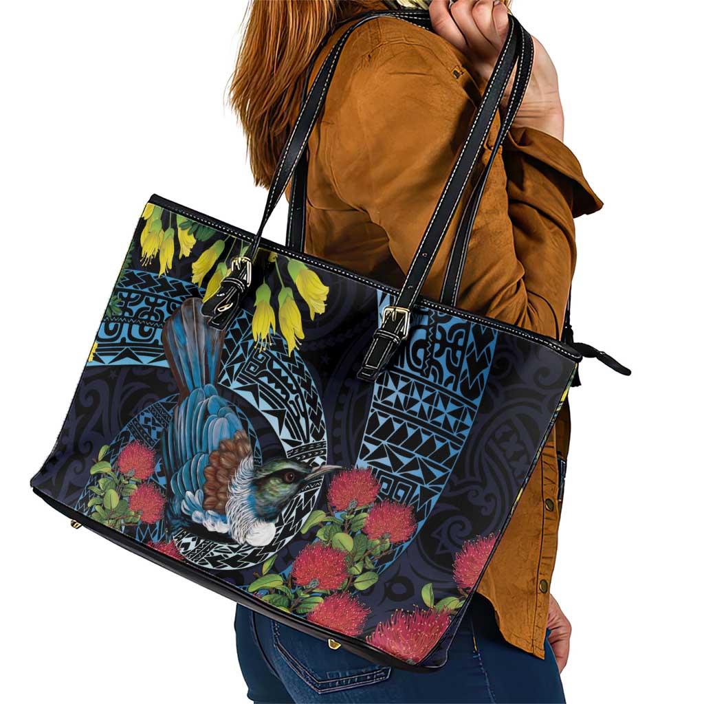 New Zealand Tui Bird Leather Tote Bag Maori Koru Mix Pohutukawa DT04 - Polynesian Pride