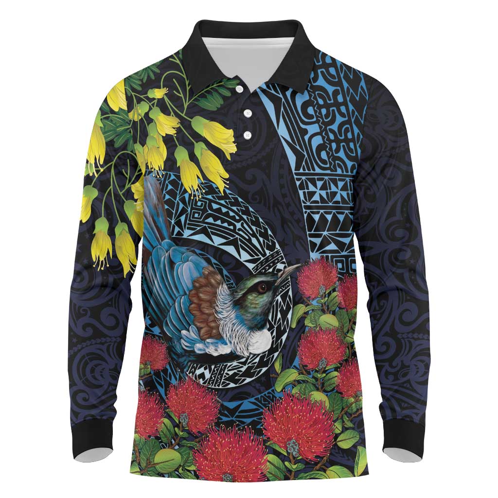 New Zealand Tui Bird Long Sleeve Polo Shirt Maori Koru Mix Pohutukawa DT04 Black - Polynesian Pride