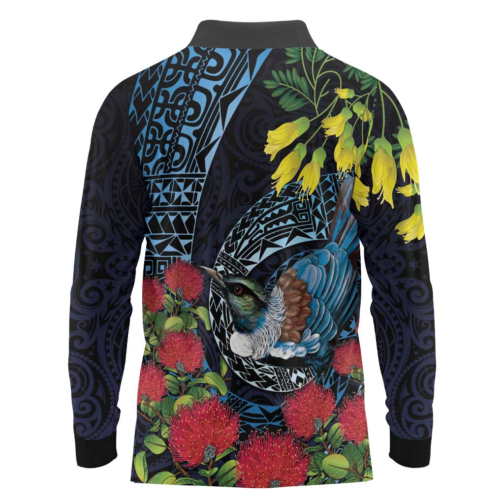 New Zealand Tui Bird Long Sleeve Polo Shirt Maori Koru Mix Pohutukawa DT04 - Polynesian Pride