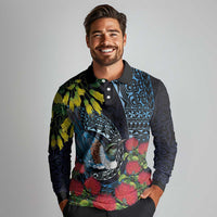 New Zealand Tui Bird Long Sleeve Polo Shirt Maori Koru Mix Pohutukawa DT04 - Polynesian Pride