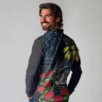 New Zealand Tui Bird Long Sleeve Polo Shirt Maori Koru Mix Pohutukawa DT04 - Polynesian Pride