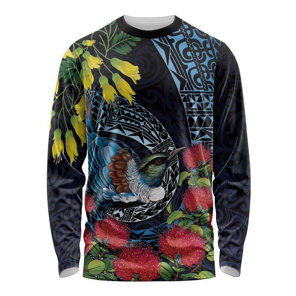 New Zealand Tui Bird Long Sleeve Shirt Maori Koru Mix Pohutukawa DT04 Unisex Black - Polynesian Pride