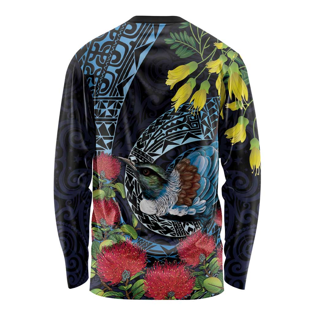 New Zealand Tui Bird Long Sleeve Shirt Maori Koru Mix Pohutukawa DT04 - Polynesian Pride