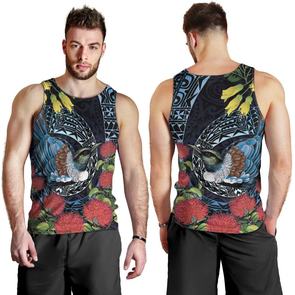 New Zealand Tui Bird Men Tank Top Maori Koru Mix Pohutukawa DT04 - Polynesian Pride