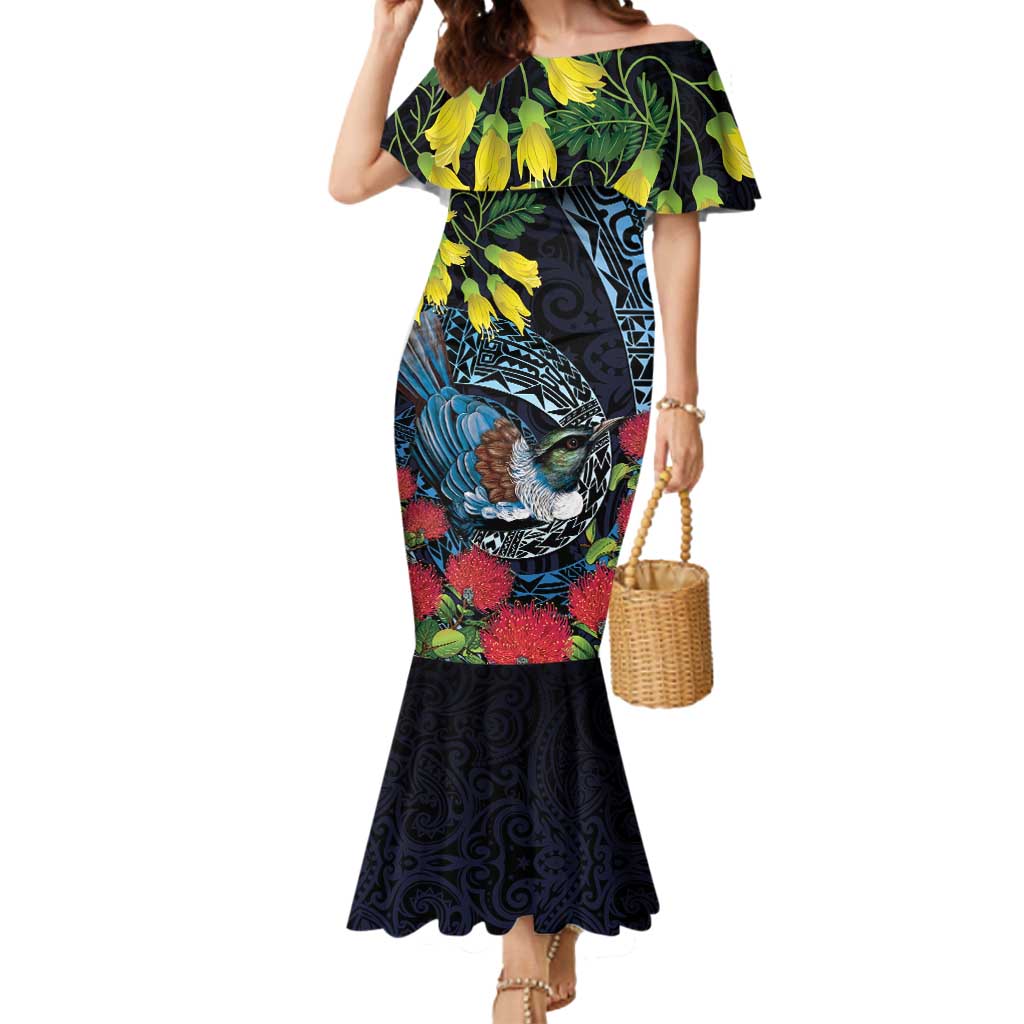 New Zealand Tui Bird Mermaid Dress Maori Koru Mix Pohutukawa DT04 Women Black - Polynesian Pride
