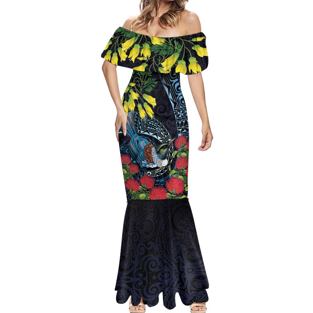 New Zealand Tui Bird Mermaid Dress Maori Koru Mix Pohutukawa DT04 - Polynesian Pride