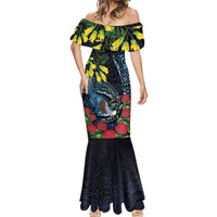 New Zealand Tui Bird Mermaid Dress Maori Koru Mix Pohutukawa DT04 - Polynesian Pride