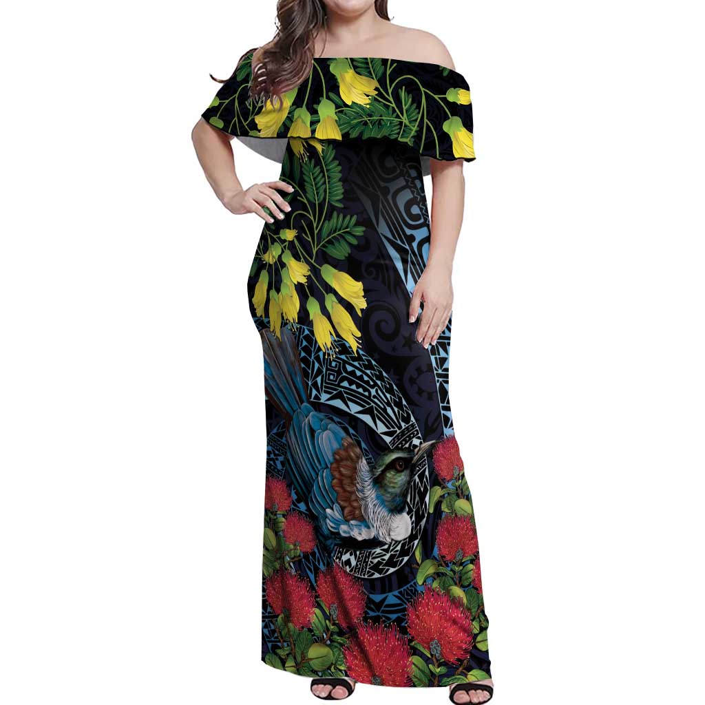 New Zealand Tui Bird Off Shoulder Maxi Dress Maori Koru Mix Pohutukawa DT04 Women Black - Polynesian Pride