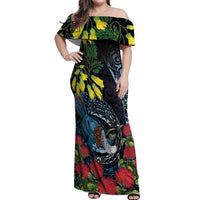 New Zealand Tui Bird Off Shoulder Maxi Dress Maori Koru Mix Pohutukawa DT04 Women Black - Polynesian Pride
