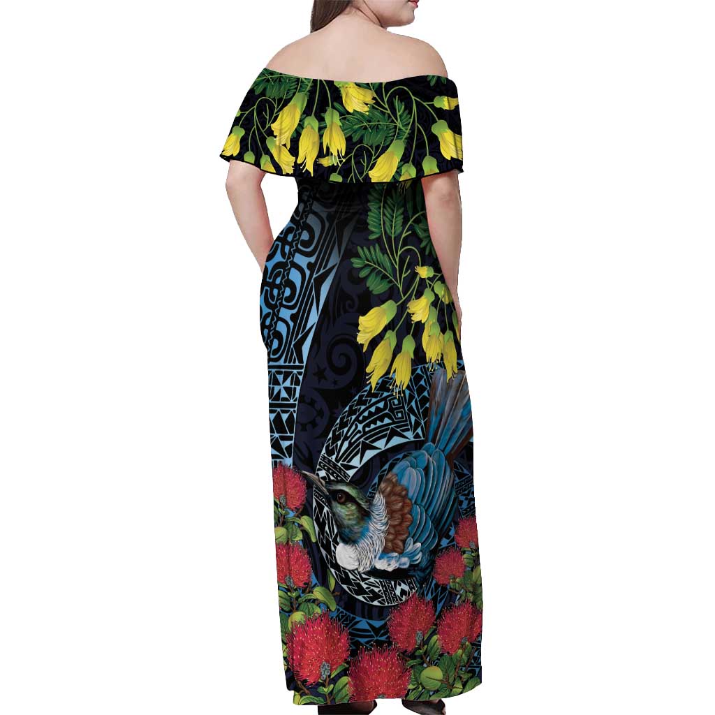 New Zealand Tui Bird Off Shoulder Maxi Dress Maori Koru Mix Pohutukawa DT04 - Polynesian Pride